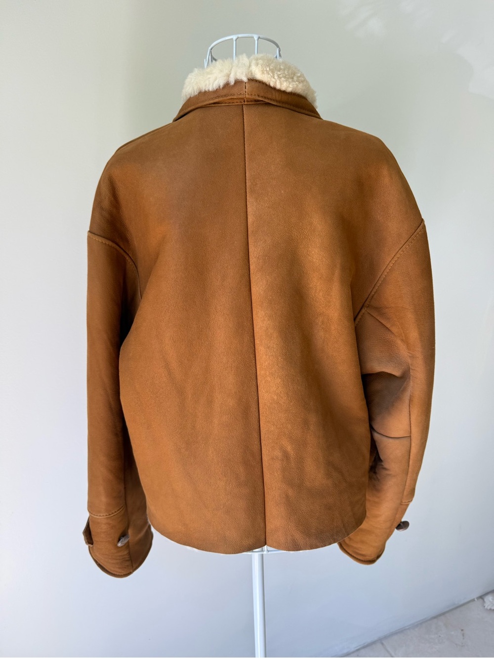 Vintage Shearling Sheepskin Aviator Jacket Tan Leather Coat Size S Oversized - Picture 5 of 8